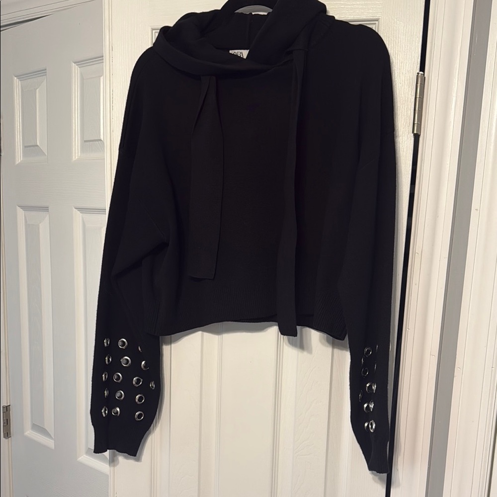 Black Hoodie with Grommet Sleeve Detail